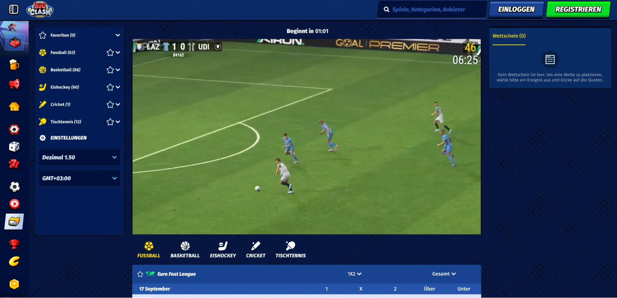 Fußball Live Stream mit Quotenanzeige im BigClash Casino